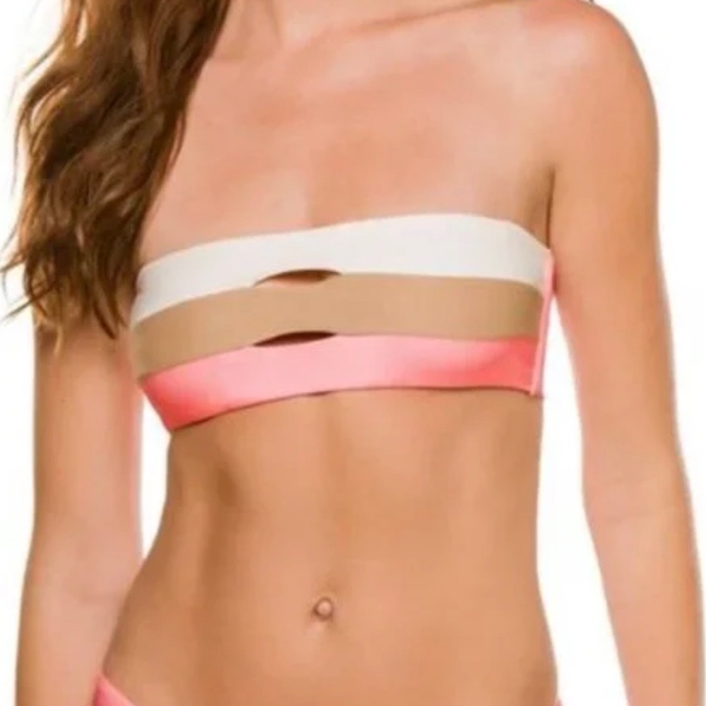 PQ Swim Strapless Bandeau Bikini Top in White, Tan & Pink